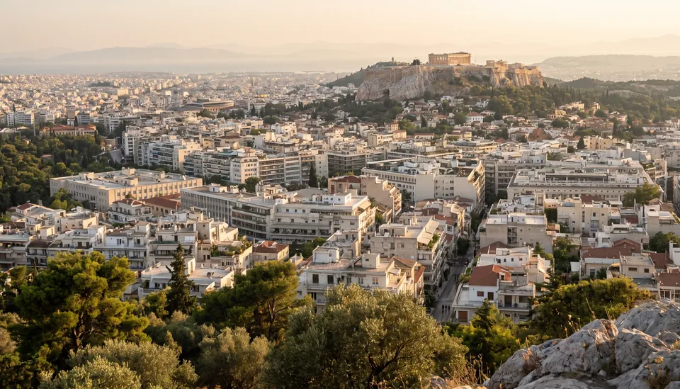 Αστικό τοπίο της Αθήνας με πράσινο και την Ακρόπολη στο βάθος