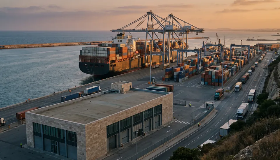 Εμπορικό λιμάνι με πλοίο μεταφοράς εμπορευματοκιβωτίων και υποδομές logistics