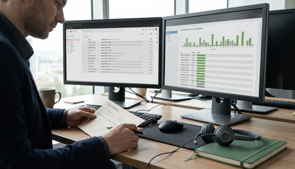 Investigator comparing email records with cloud sign-in activity