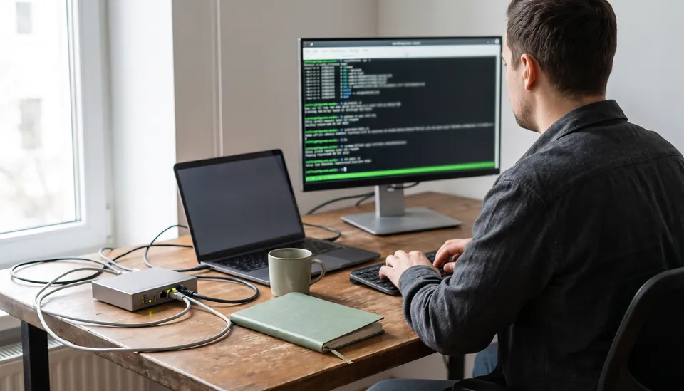 Security engineer assessing a network at a laboratory workstation