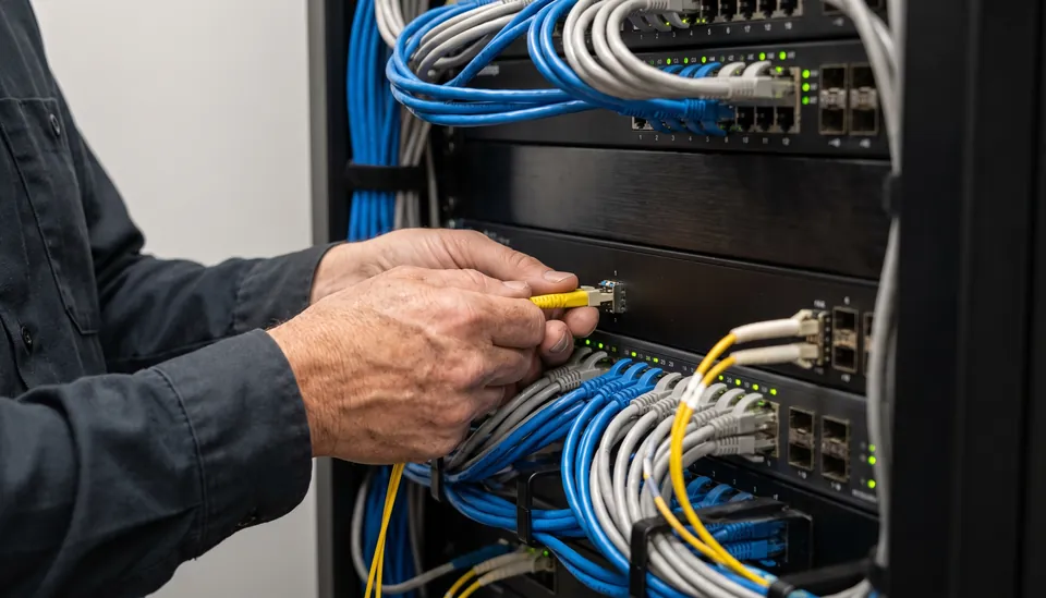 Network engineer connecting equipment in a communications rack