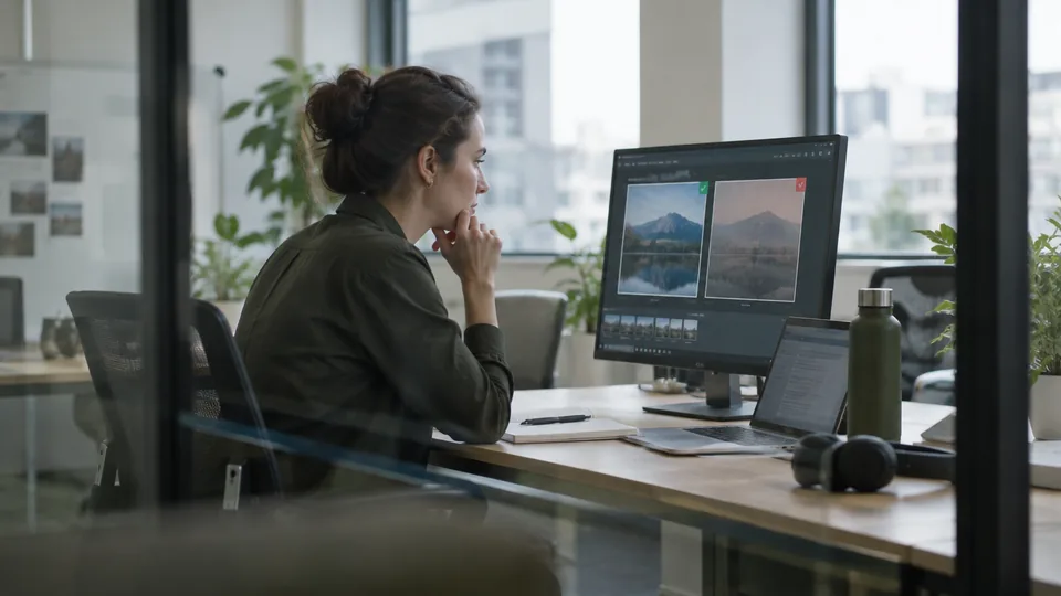AI product reviewer comparing accepted and rejected pilot outputs in a bright project room.