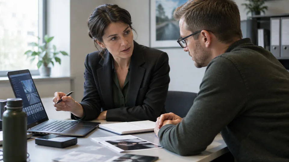 Legal adviser and digital examiner defining evidence handling on a clean consultation table.