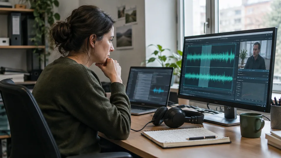 Media forensic analyst inspecting audio waveforms and a paused interview frame with headphones on the desk.