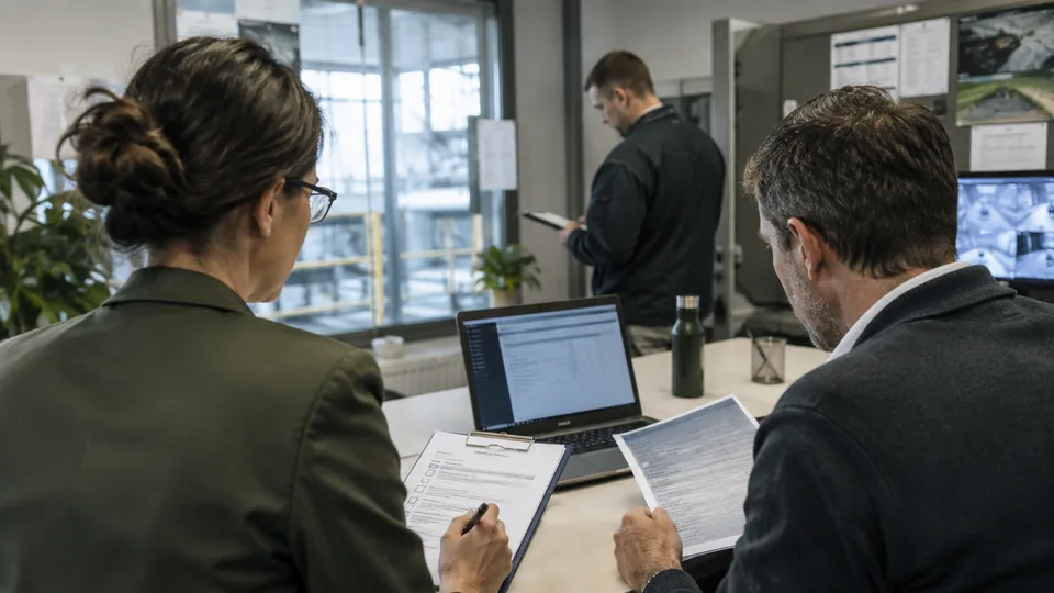 Internal audit team checking operating evidence against a security management checklist.