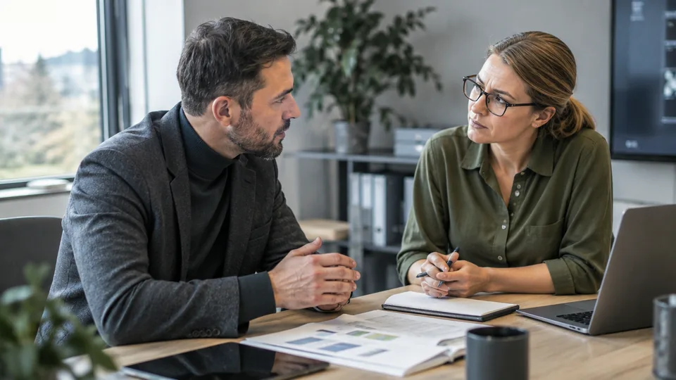Security adviser discussing a management system improvement plan with a quality manager.