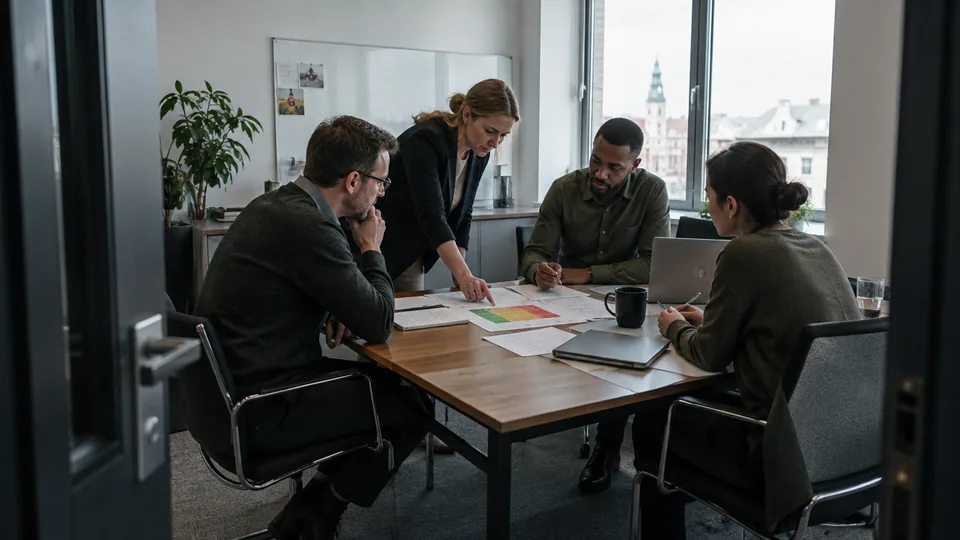 Operations leaders prioritising security investment using a printed risk matrix and budget worksheet.