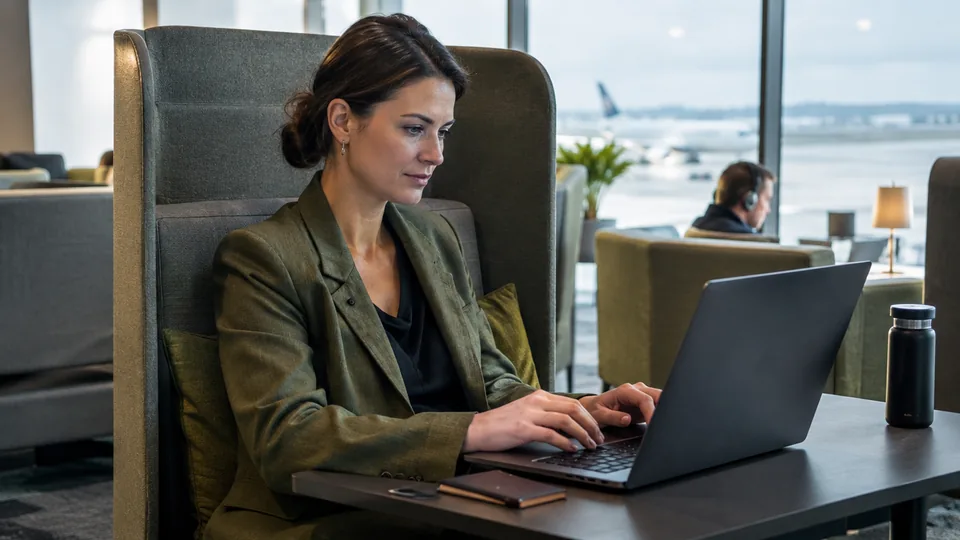 Travelling executive using a secure laptop in a quiet airport business lounge with privacy seating.