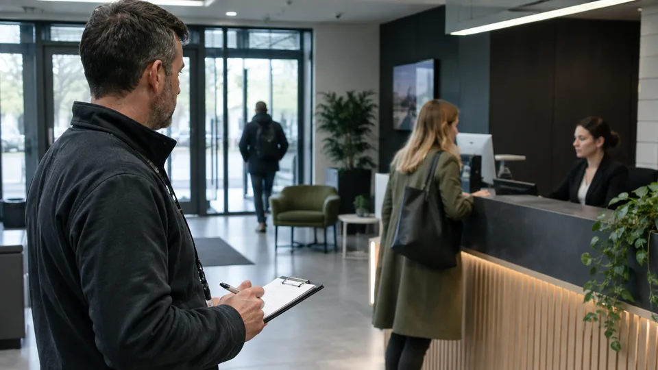 Security awareness assessor observing an authorised reception access exercise in an office lobby.