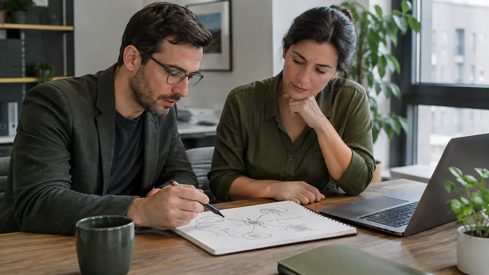 Technology consultant sketching a hybrid cloud plan with a small company owner.