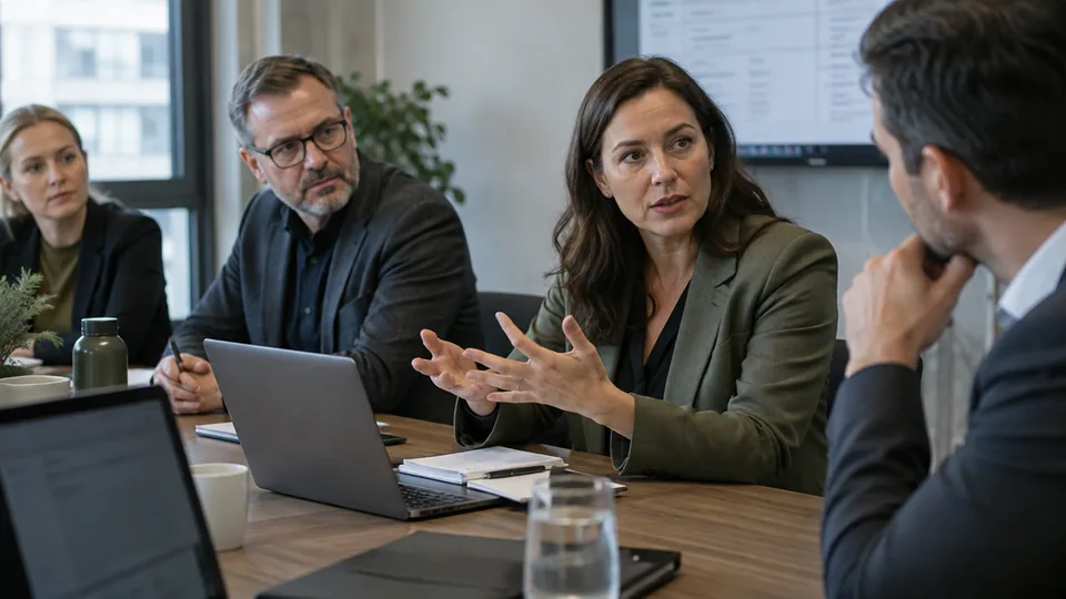Management committee reviewing cyber accountability and response responsibilities in a modest boardroom.