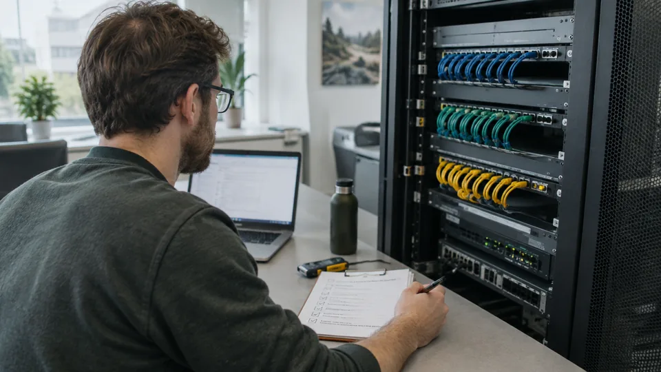 Engineer implementing network segmentation with neatly separated patch cables and a deployment checklist.