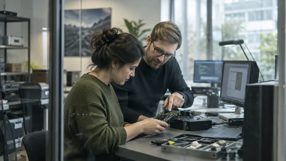 Security researchers demonstrating a hardware prototype on an electronics workbench.