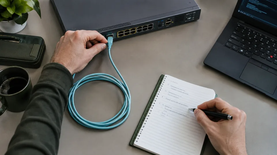 Firewall engineer updating a network appliance with a console cable and change record.