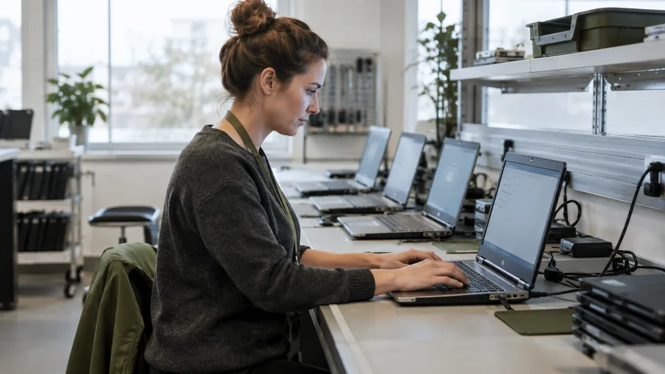 Endpoint specialist applying device security policy to a row of business laptops on a setup bench.