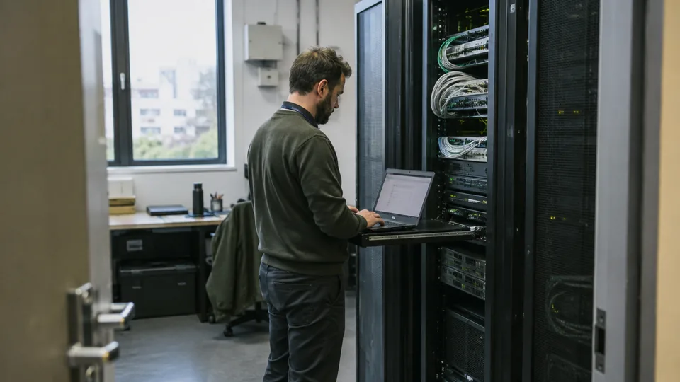 Email infrastructure engineer checking message gateway configuration beside a server cabinet.