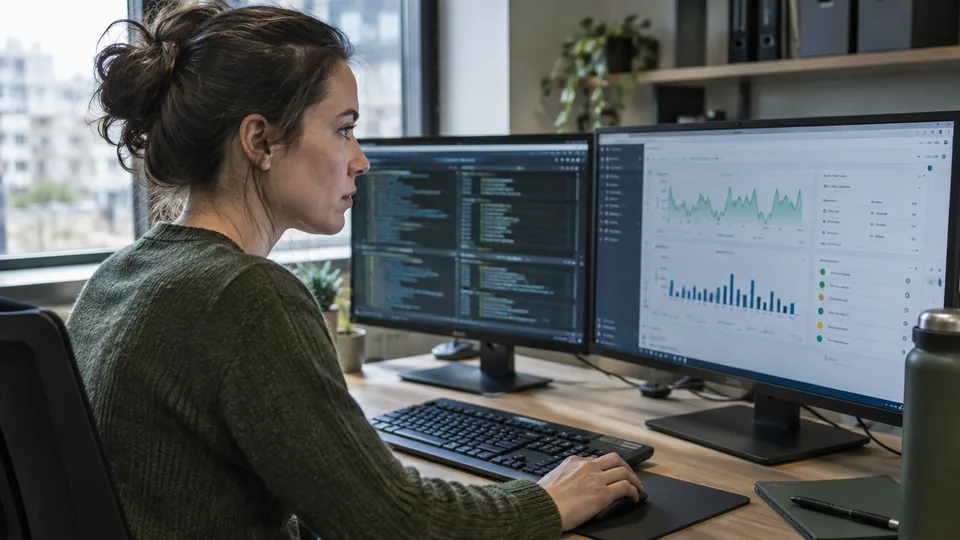 Systems operator reviewing log collection and service health on a dual screen workstation.