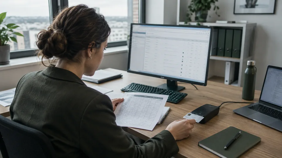 Identity engineer reviewing central access records with a smart card reader and printed role matrix.