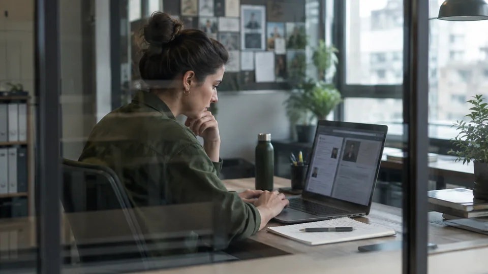 Online identity analyst tracing public profile impersonation on a laptop with source notes.