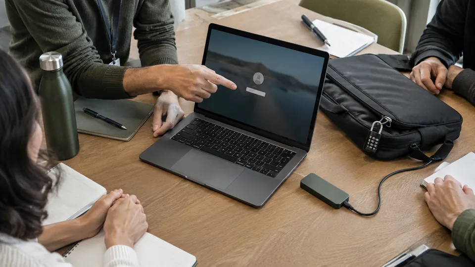 Workplace trainer demonstrating a locked laptop and secure storage habits to a small staff group.
