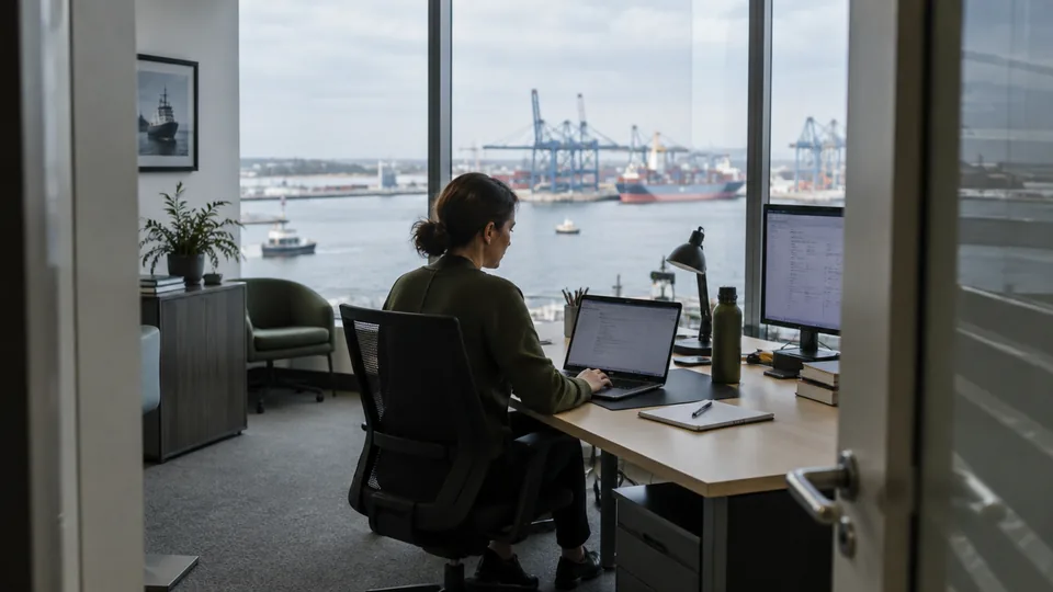 Maritime operations analyst reviewing secure document access at an office overlooking a commercial port.