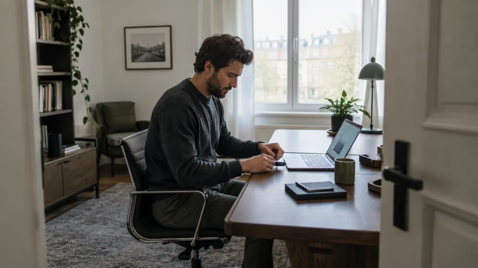 Identity consultant setting up a physical security key beside a laptop on a walnut desk.