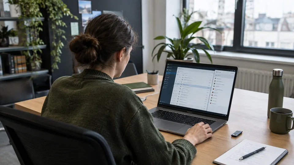AI engineer checking tool permissions and an approval queue on a workstation with a hardware key.
