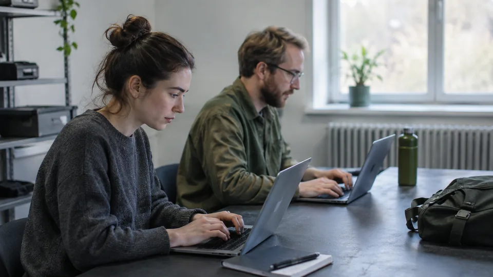 Two AI security testers reviewing a document retrieval test on separate laptops in a sparse lab.