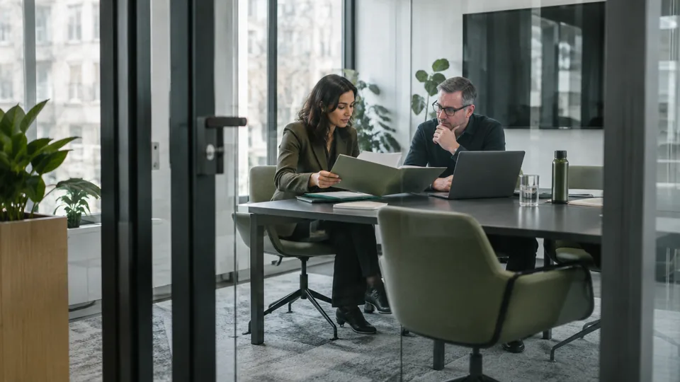 Procurement lead and technical reviewer examining an AI supplier evidence folder in a glass meeting room.