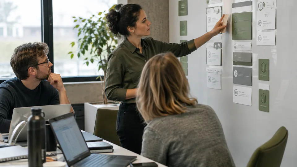 Business team planning a phased AI rollout using physical cards on a meeting room wall.