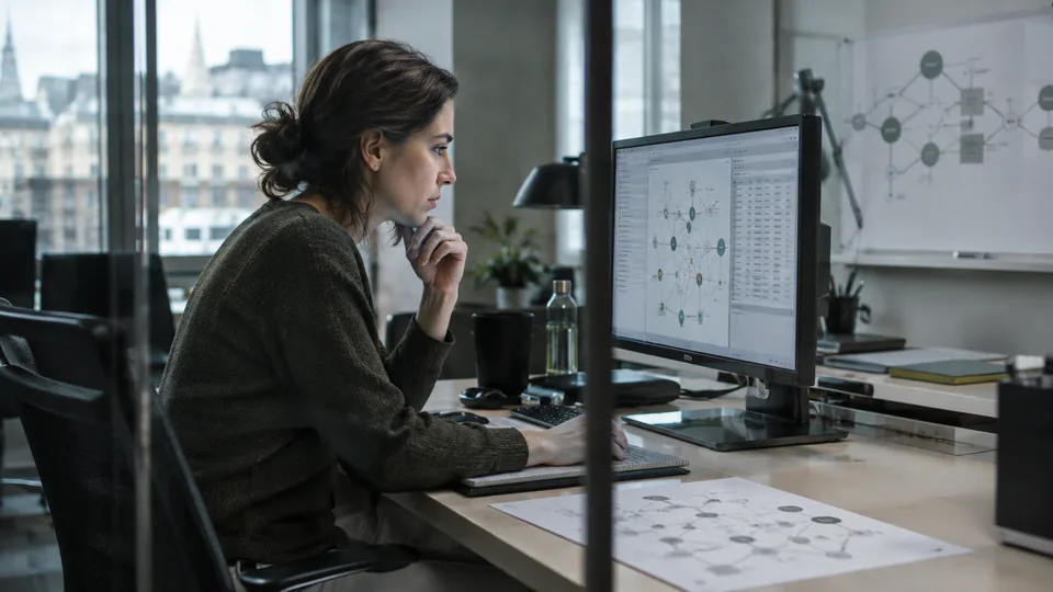 Blockchain investigator following a transaction chronology on a monitor beside a printed flow diagram.
