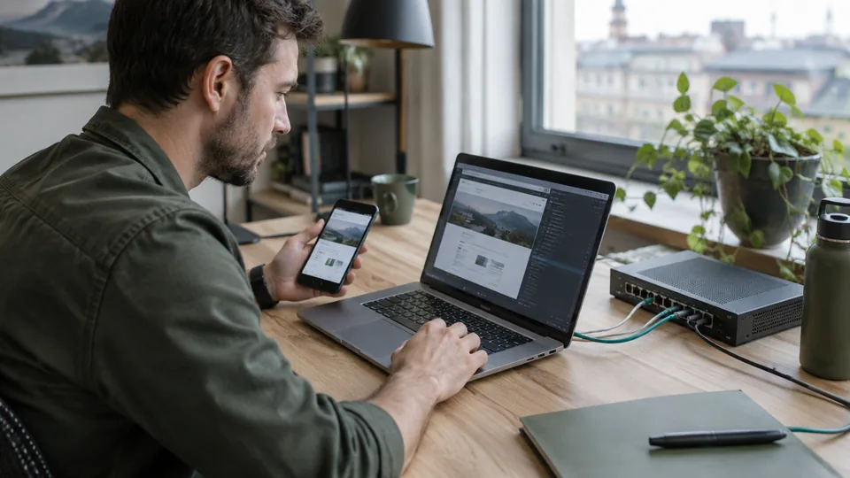 Cloud engineer testing a public website on a smartphone and laptop beside a small network appliance.