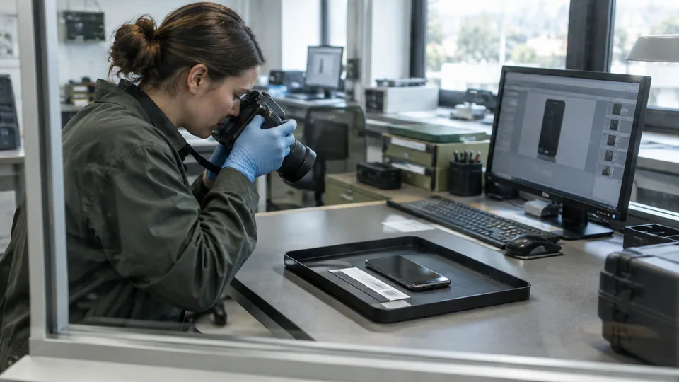 Digital examiner inspecting a smartphone beside an analysis workstation.