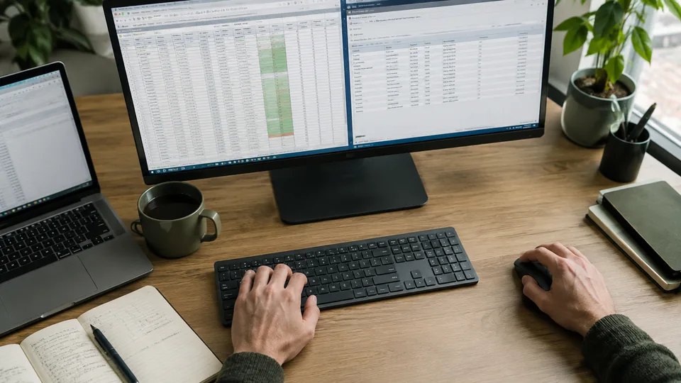 Data engineer reconciling two spreadsheet exports and a database table on a widescreen monitor.
