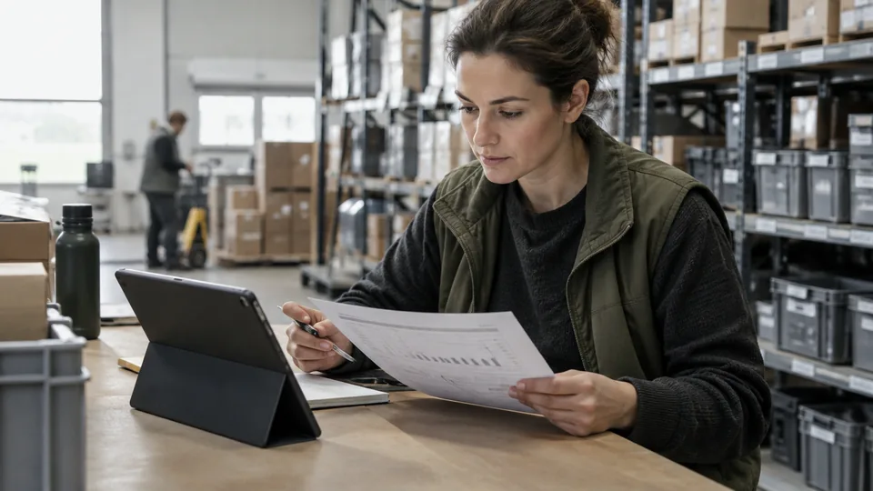 Warehouse planner reviewing a demand forecast beside physical inventory shelves and a tablet.