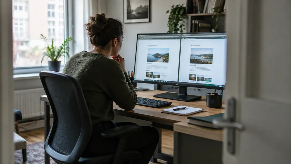 Digital investigator comparing two lookalike public website pages side by side on a monitor.