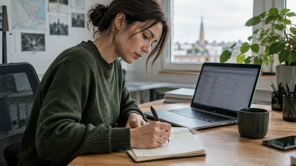 Brand intelligence analyst documenting a domain alert in a research notebook beside a laptop.