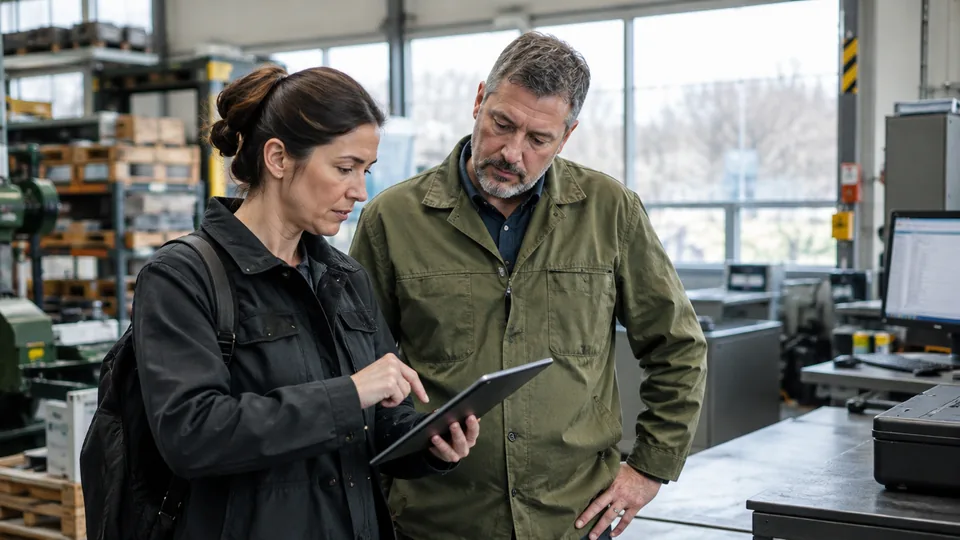 Security consultant reviewing an asset inventory with the manager of a light industrial facility.