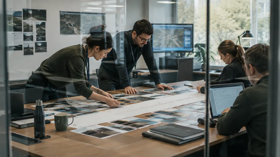 Incident investigators arranging device records and a timeline on a large meeting table.