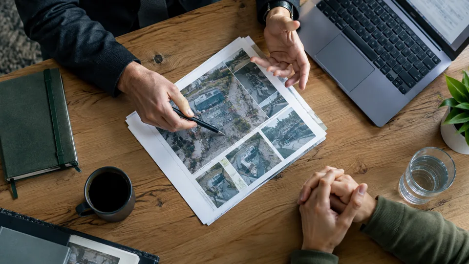 Technical specialist explaining an evidence report to an executive across a small oak table.