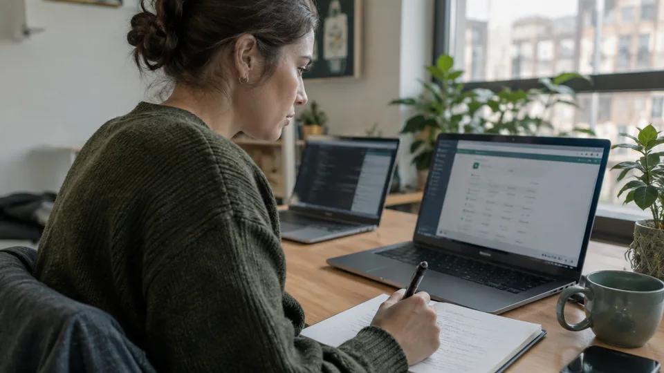 Application tester examining a staging customer portal with a second laptop and handwritten test notes.