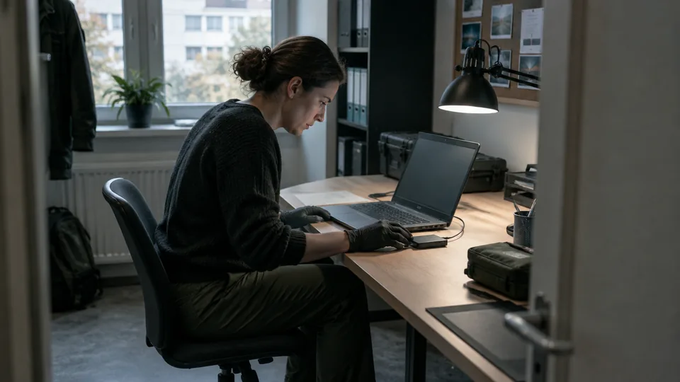 Incident analyst examining a disconnected laptop and an external evidence drive under a desk lamp.