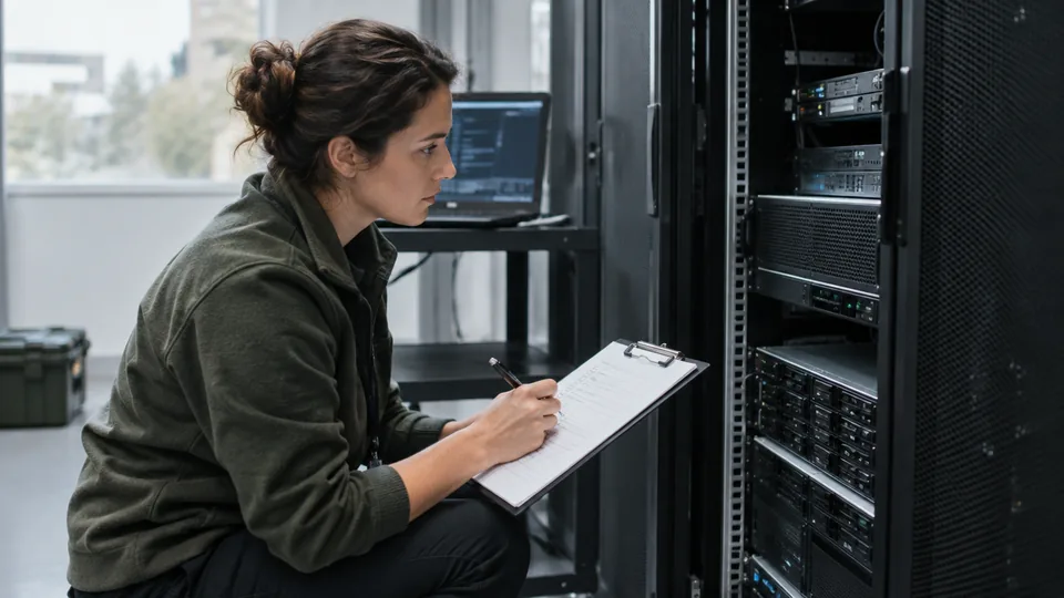 Recovery engineer validating a restored server in an isolated rack with a checklist on a clipboard.