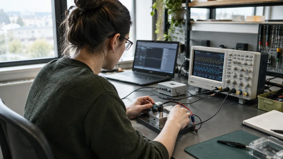 Electronics researcher testing a small industrial sensor prototype with an oscilloscope and cables.