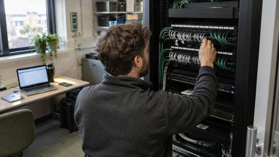 IT support specialist maintaining a labelled patch panel in a small business equipment room.