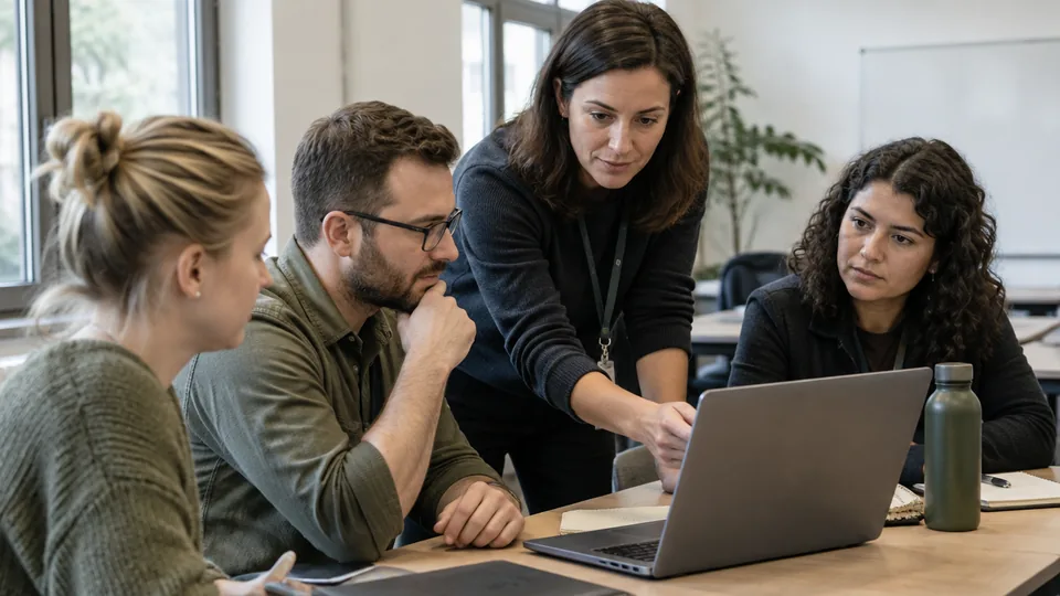 Trainer guiding a small finance team through a suspicious email example in a daylight classroom.