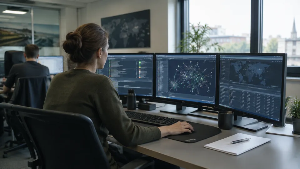 SOC analyst correlating three security event views on realistic desktop monitors in a quiet operations room.