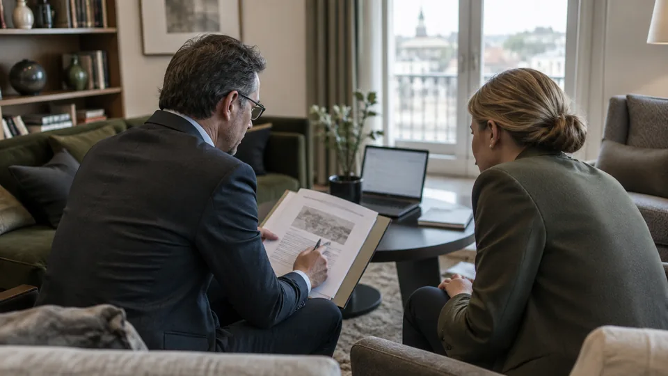 Family office adviser and client reviewing a confidential incident brief in a discreet sitting room.