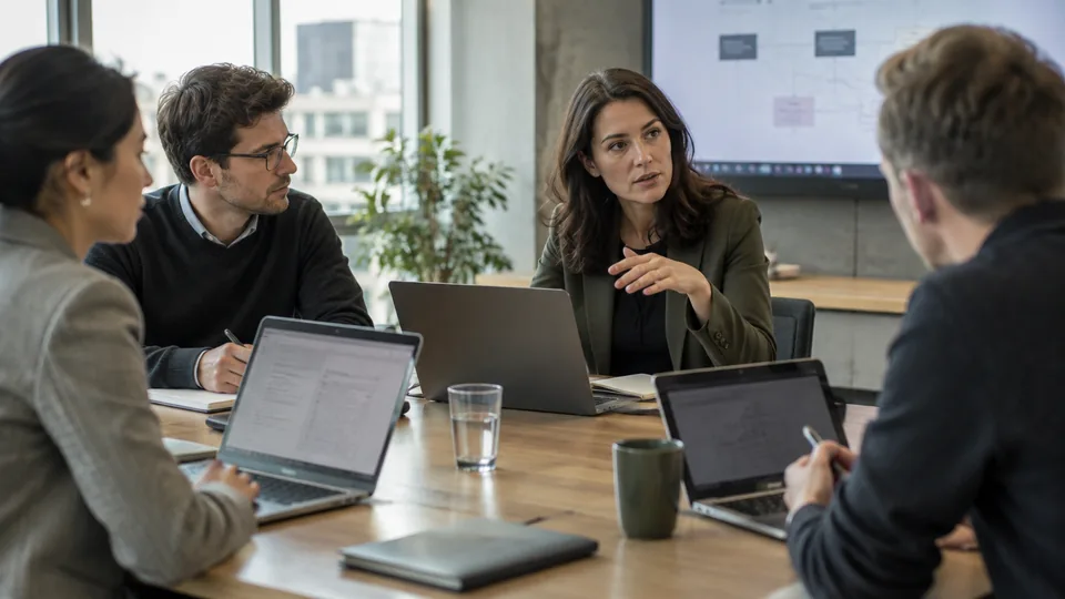 Investment diligence team discussing technology dependencies around a portfolio review table.