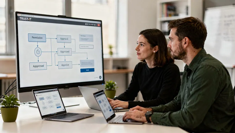 Engineers reviewing an AI workflow and approval process
